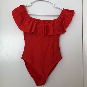 Red ruffle off the shoulders 1 piece bathing suit